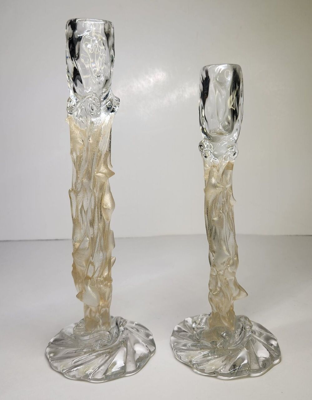 Pair Of  Candlestick Holders Gold Filigree Thorns Avventurina Brutalist Murano